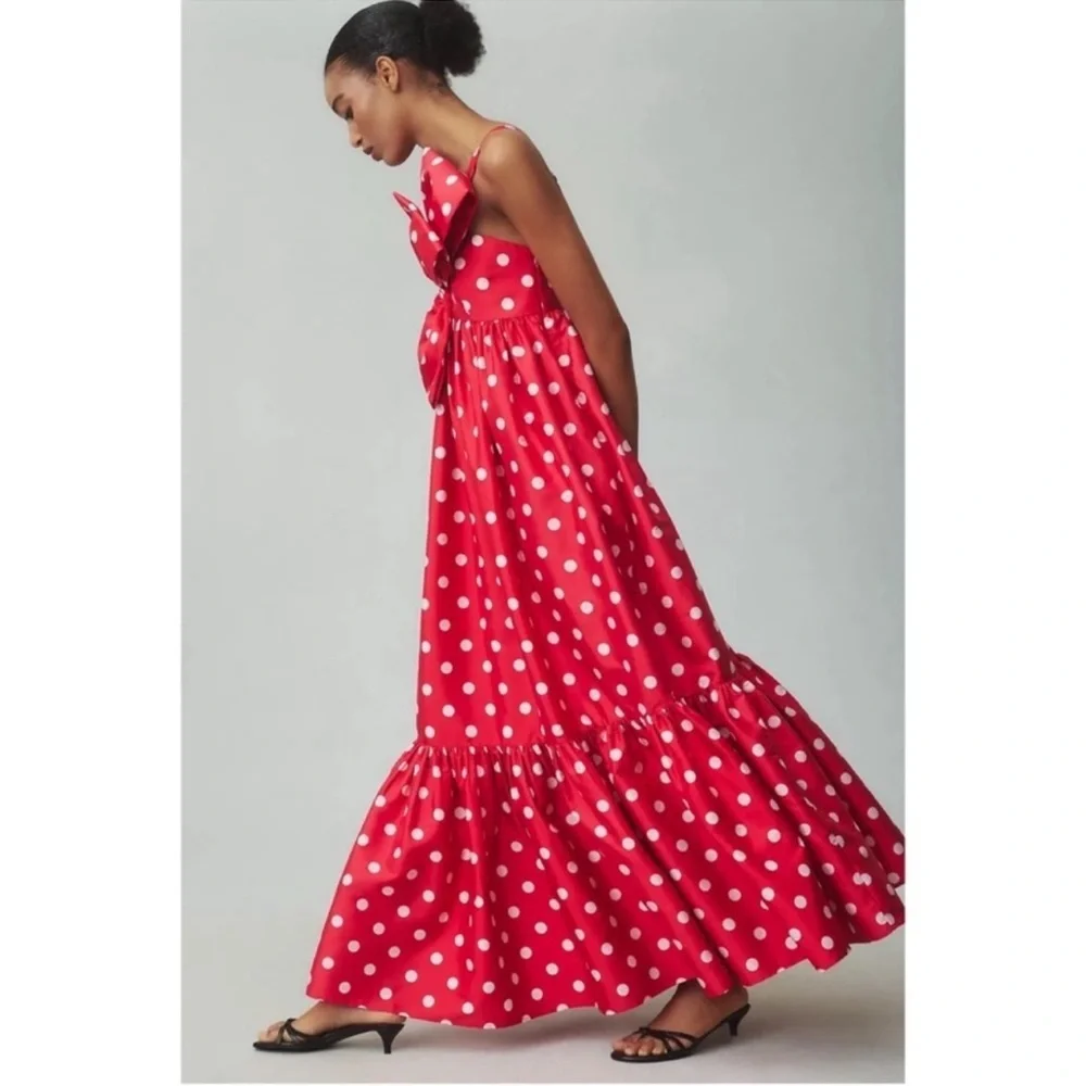 Anthropologie Atsu Sally Bow Polka Dot One Shoulder Midi Dress Red Medium NWT - Picture 9 of 12